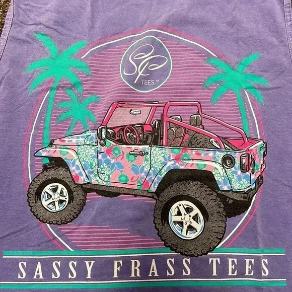 Sassy Frass Tees Jeep Graphic Purple Tank Top size L - Picture 3 of 4
